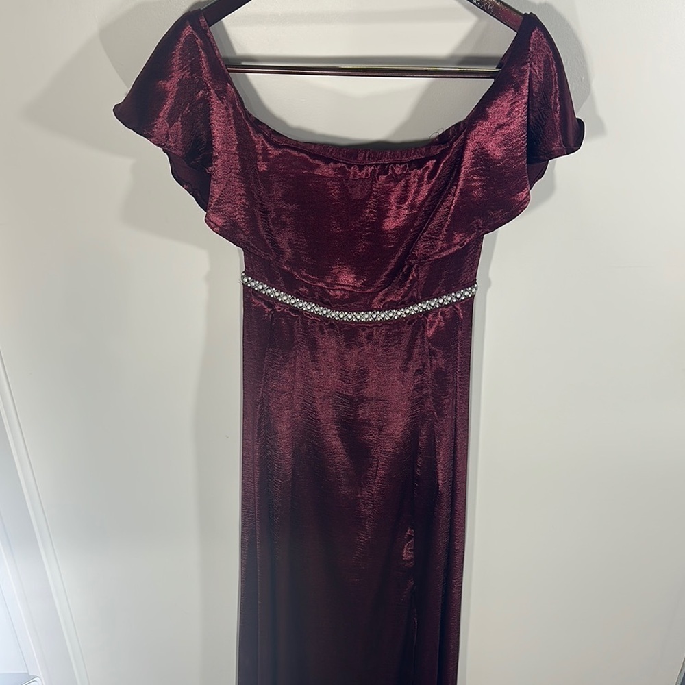 Altar'd State Red Flutter Sleeve Off-the-Shoulder floor length gown beaded belt